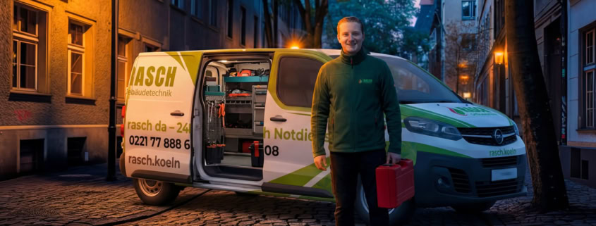 Rasch Gebäudetechnik 24h-Notdienst Köln – Techniker vor Einsatzfahrzeug bei Heizungsausfal Rasch Gebäudetechnik 24h-Notdienst Köln – Techniker vor Einsatzfahrzeug bei Heizungsausfal