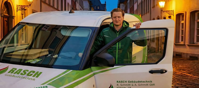Rasch Gebäudetechnik 24h-Notdienst Köln – Techniker vor Einsatzfahrzeug bei Heizungsausfal Rasch Gebäudetechnik 24h-Notdienst Köln – Techniker vor Einsatzfahrzeug bei Heizungsausfal